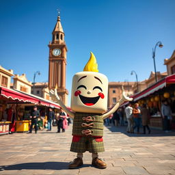 A joyful spark plug character with an enthusiastic expression, set against the backdrop of the iconic Clock Square in Sari city, Mazandaran province, Iran