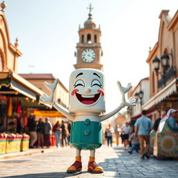 A joyful spark plug character with an enthusiastic expression, set against the backdrop of the iconic Clock Square in Sari city, Mazandaran province, Iran