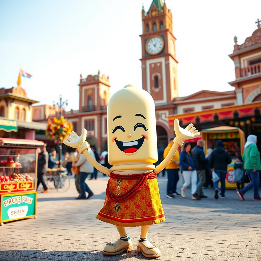 A joyful spark plug character with an enthusiastic expression, set against the backdrop of the iconic Clock Square in Sari city, Mazandaran province, Iran