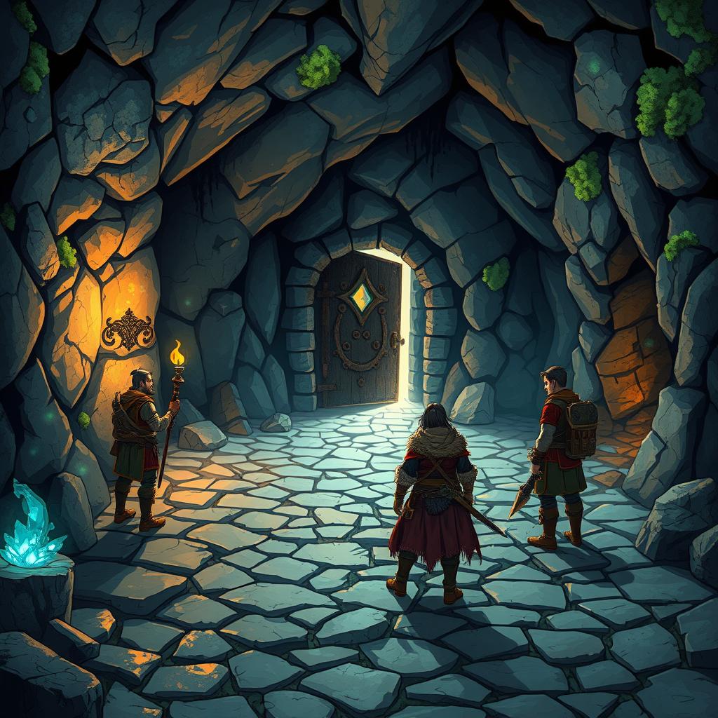 A beautifully illustrated starting location in a fantasy dungeon for a role-playing game