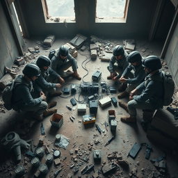 A group of six individuals in tactical military uniforms, seated in a circular formation on a dusty, rubble-strewn floor of a damaged building