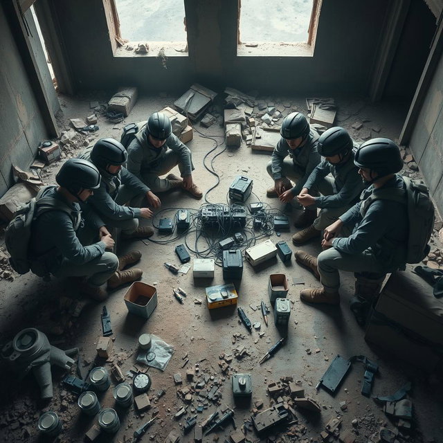 A group of six individuals in tactical military uniforms, seated in a circular formation on a dusty, rubble-strewn floor of a damaged building