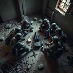 A group of six individuals in tactical military uniforms, seated in a circular formation on a dusty, rubble-strewn floor of a damaged building