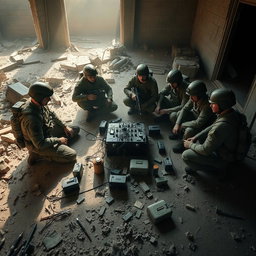 A group of six individuals in tactical military uniforms, seated in a circular formation on a dusty, rubble-strewn floor of a damaged building