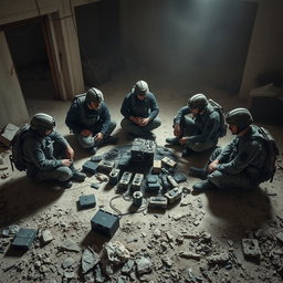 A group of six individuals in tactical military uniforms, seated in a circular formation on a dusty, rubble-strewn floor of a damaged building