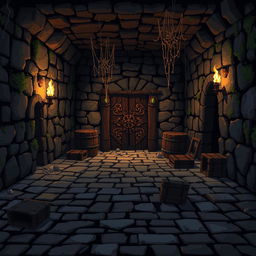 A side-view starting location in a pixel art style dungeon for a 2D game
