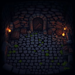 A starting location in a pixel art style dungeon for a 2D game, viewed from a top-down perspective