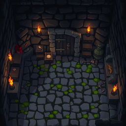 A starting location in a pixel art style dungeon for a 2D game, viewed from a top-down perspective