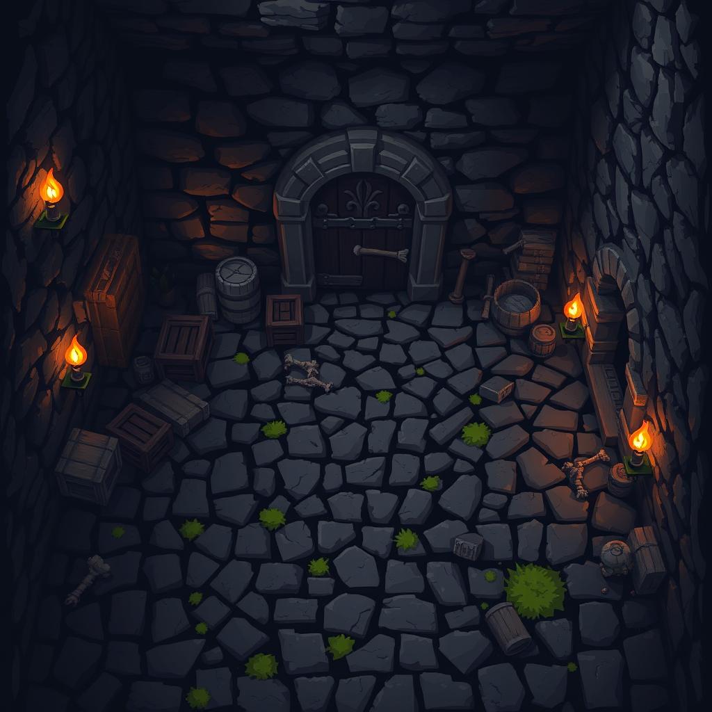 A starting location in a pixel art style dungeon for a 2D game, viewed from a top-down perspective