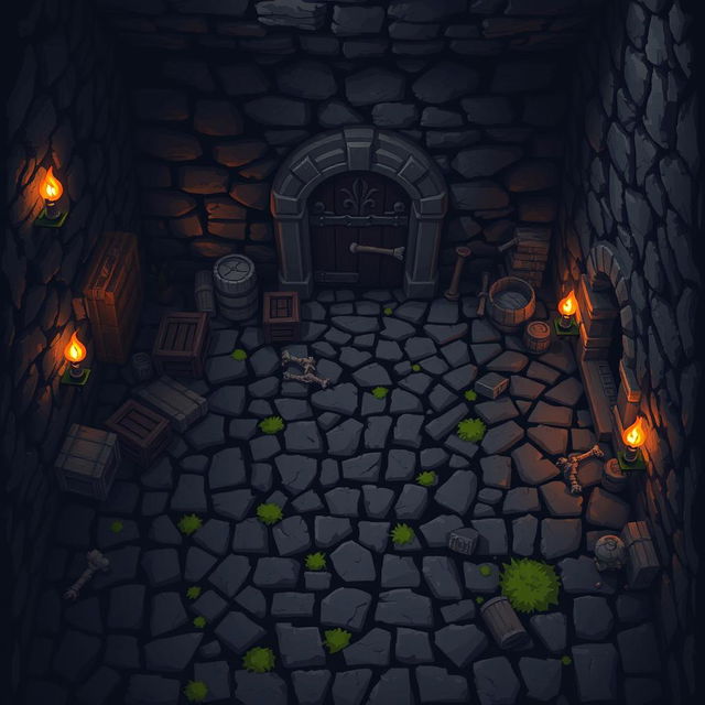 A starting location in a pixel art style dungeon for a 2D game, viewed from a top-down perspective