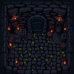 A starting location in a pixel art style dungeon for a 2D game, viewed from a top-down perspective