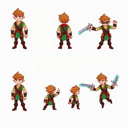 The main character designed for a pixel art game, illustrated in various dynamic poses