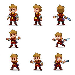The main character designed for a pixel art game, illustrated in various dynamic poses