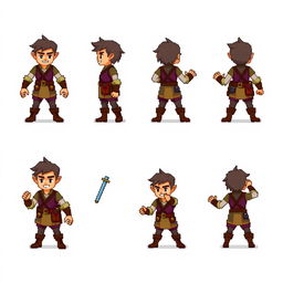 The main character designed for a pixel art game, illustrated in various dynamic poses