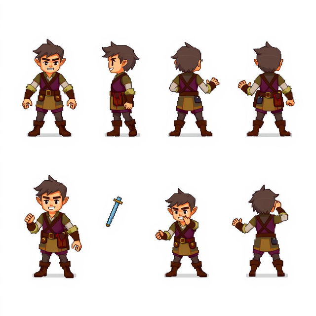 The main character designed for a pixel art game, illustrated in various dynamic poses