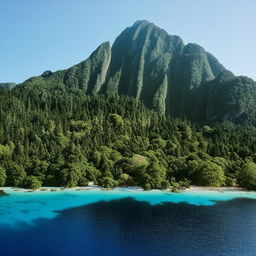 A breathtaking view of a towering mountain peaking from a lush, tropical island surrounded by crystal clear water.