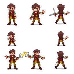 The main character designed for a pixel art game, illustrated in various dynamic poses