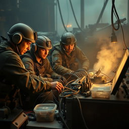 A group of resistance fighters in tactical military gear, intently focused on their electronic equipment connected by a network of wires