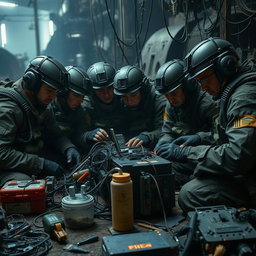A group of resistance fighters in tactical military gear, intently focused on their electronic equipment connected by a network of wires