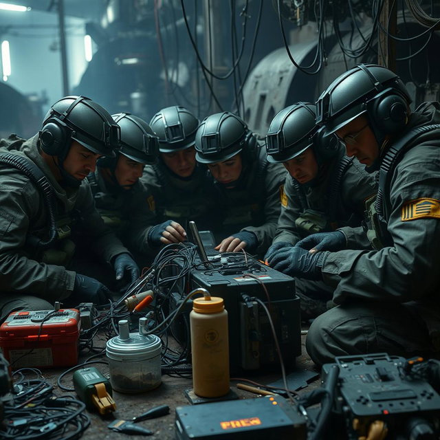 A group of resistance fighters in tactical military gear, intently focused on their electronic equipment connected by a network of wires