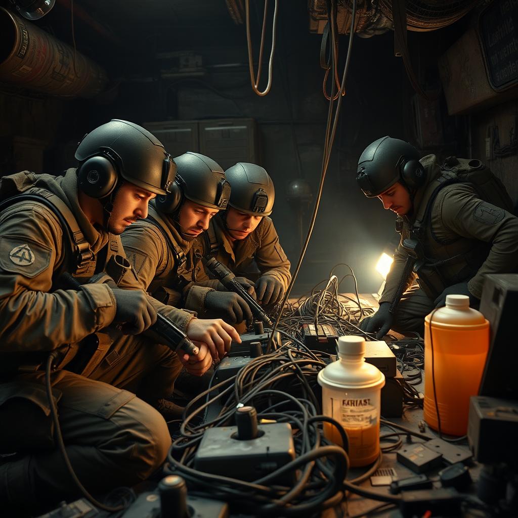 A group of resistance fighters in tactical military gear, intently focused on their electronic equipment connected by a network of wires