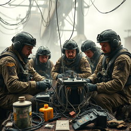 A group of resistance fighters in tactical military gear, intently focused on their electronic equipment connected by a network of wires