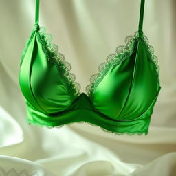 A visually striking image of a luxurious and elegant green bra made from fine silk, featuring delicate lace trimmings and intricate detailing