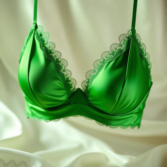 A visually striking image of a luxurious and elegant green bra made from fine silk, featuring delicate lace trimmings and intricate detailing