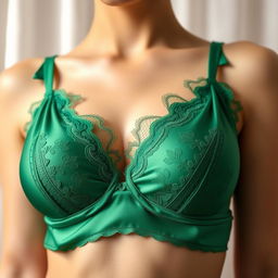 A visually striking image of a luxurious and elegant green bra made from fine silk, featuring delicate lace trimmings and intricate detailing