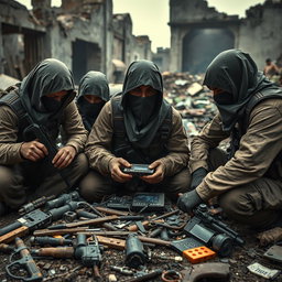 A group of simple resistance fighters with covered faces, intently focused on small electronic equipment in a dramatic, post-apocalyptic setting