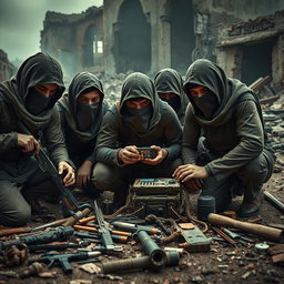 A group of simple resistance fighters with covered faces, intently focused on small electronic equipment in a dramatic, post-apocalyptic setting