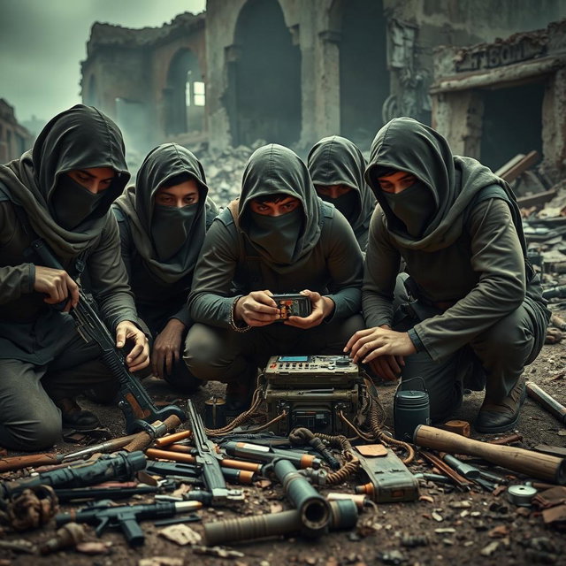 A group of simple resistance fighters with covered faces, intently focused on small electronic equipment in a dramatic, post-apocalyptic setting