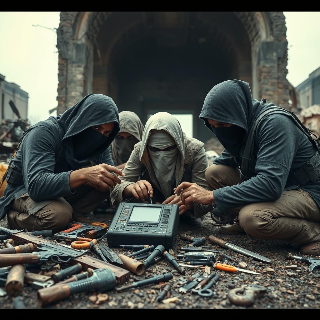 A group of simple resistance fighters with covered faces, intently focused on small electronic equipment in a dramatic, post-apocalyptic setting