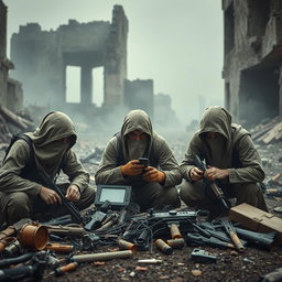 A group of simple resistance fighters with covered faces, intently focused on small electronic equipment in a dramatic, post-apocalyptic setting