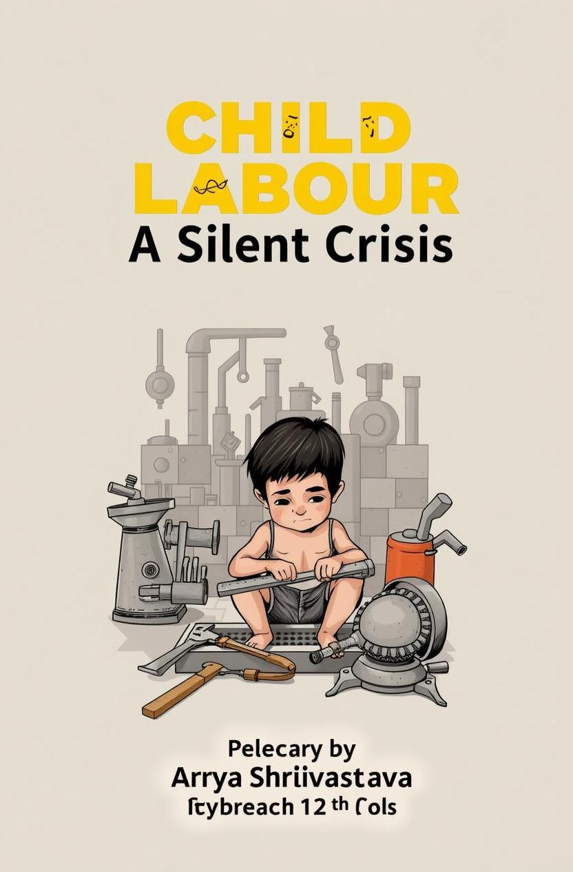 An illustrated poster addressing the theme of child labor, featuring a young boy sitting among tools and equipment in a workshop environment