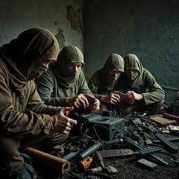 A group of simple resistance fighters with covered faces, deeply engaged with small electronic equipment in a dramatic, post-apocalyptic setting