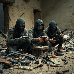 A group of simple resistance fighters with covered faces, deeply engaged with small electronic equipment in a dramatic, post-apocalyptic setting