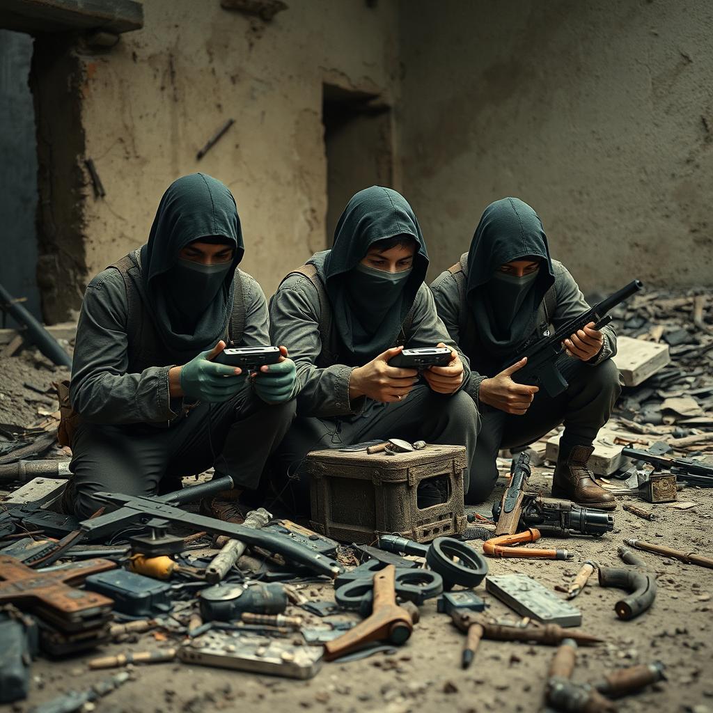 A group of simple resistance fighters with covered faces, deeply engaged with small electronic equipment in a dramatic, post-apocalyptic setting