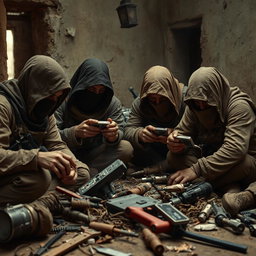 A group of simple resistance fighters with covered faces, deeply engaged with small electronic equipment in a dramatic, post-apocalyptic setting