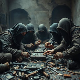 A group of simple resistance fighters with covered faces, deeply engaged with small electronic equipment in a dramatic, post-apocalyptic setting