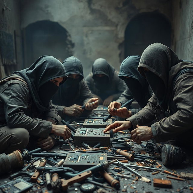 A group of simple resistance fighters with covered faces, deeply engaged with small electronic equipment in a dramatic, post-apocalyptic setting