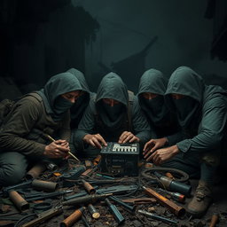 A group of simple resistance fighters with covered faces, displaying a strong and determined demeanor as they focus intently on small electronic equipment
