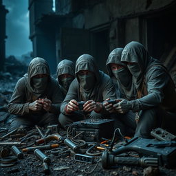 A group of simple resistance fighters with covered faces, displaying a strong and determined demeanor as they focus intently on small electronic equipment