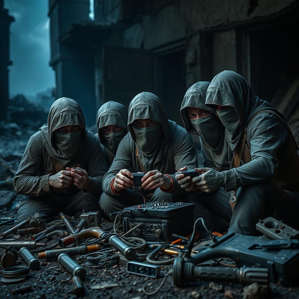 A group of simple resistance fighters with covered faces, displaying a strong and determined demeanor as they focus intently on small electronic equipment
