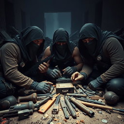 A group of simple resistance fighters with covered faces, displaying a strong and determined demeanor as they focus intently on small electronic equipment