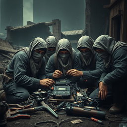 A group of simple resistance fighters with covered faces, displaying a strong and determined demeanor as they focus intently on small electronic equipment