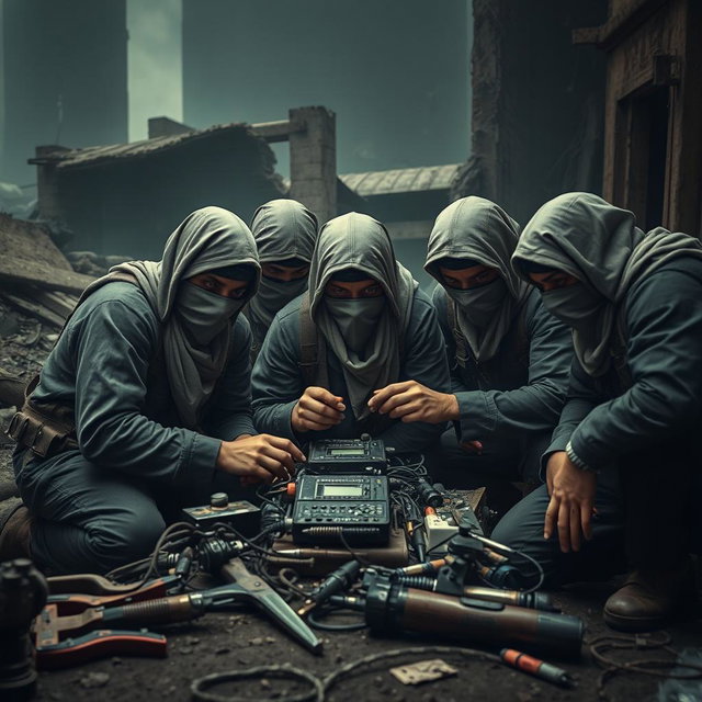 A group of simple resistance fighters with covered faces, displaying a strong and determined demeanor as they focus intently on small electronic equipment