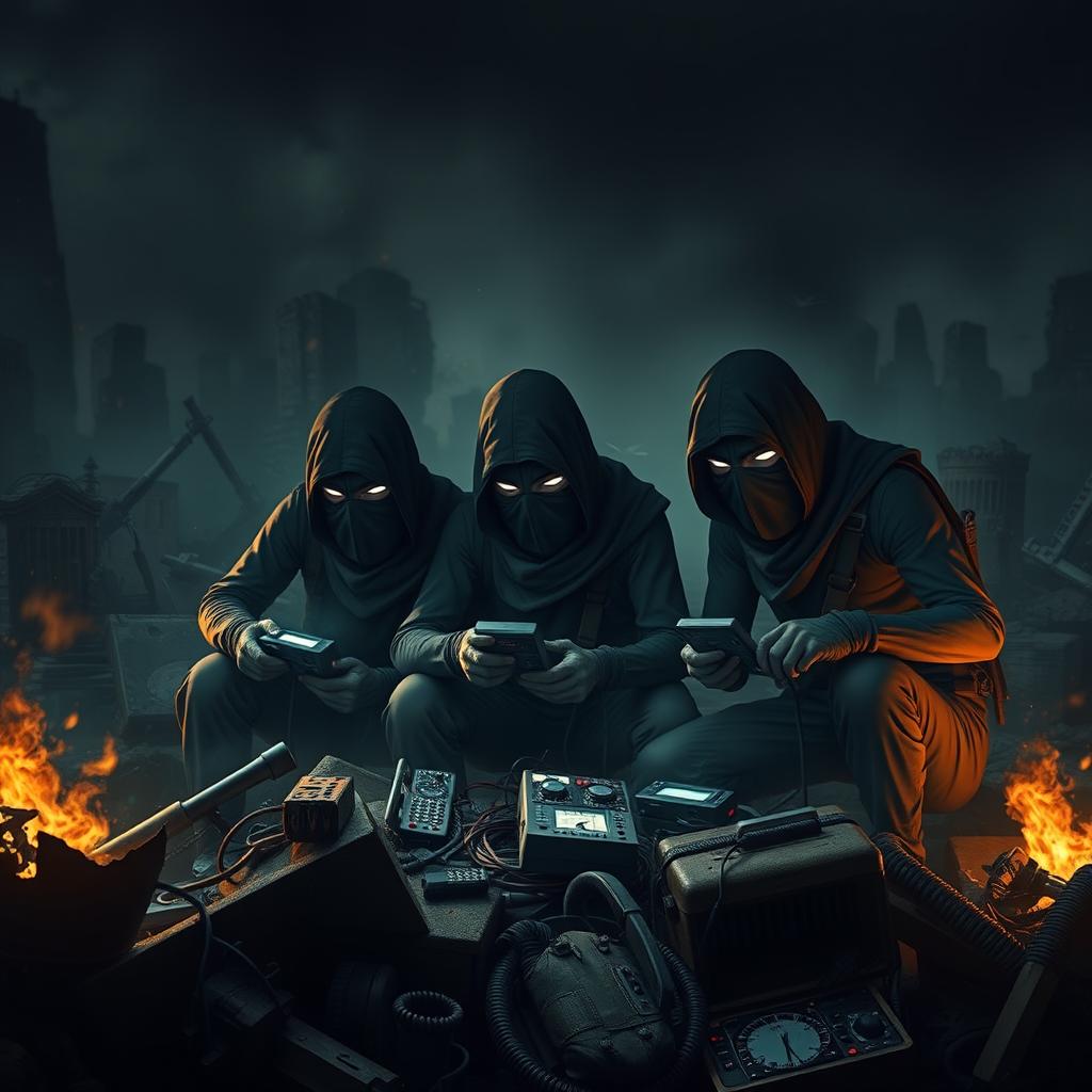 A group of simple resistance fighters with covered faces, intensely focused on small electronic equipment amidst a chaotic, post-apocalyptic environment