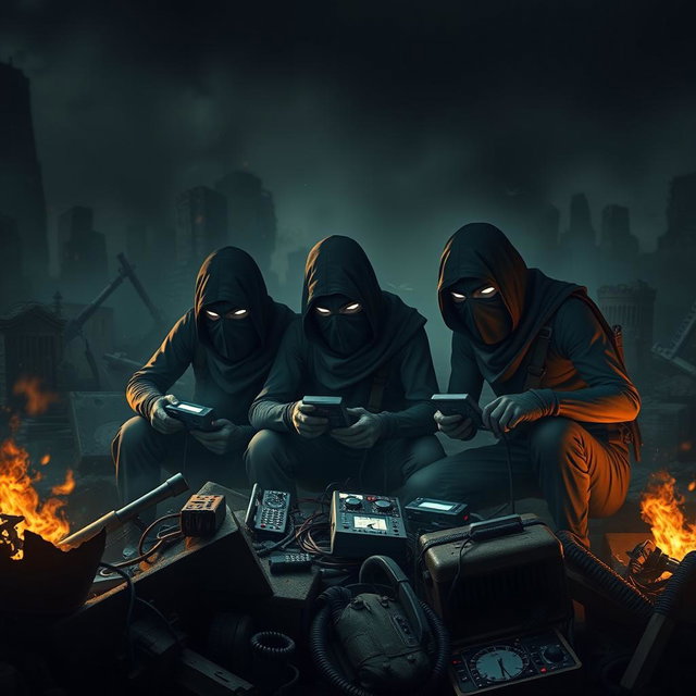 A group of simple resistance fighters with covered faces, intensely focused on small electronic equipment amidst a chaotic, post-apocalyptic environment