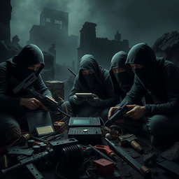A group of simple resistance fighters with covered faces, intensely focused on small electronic equipment amidst a chaotic, post-apocalyptic environment